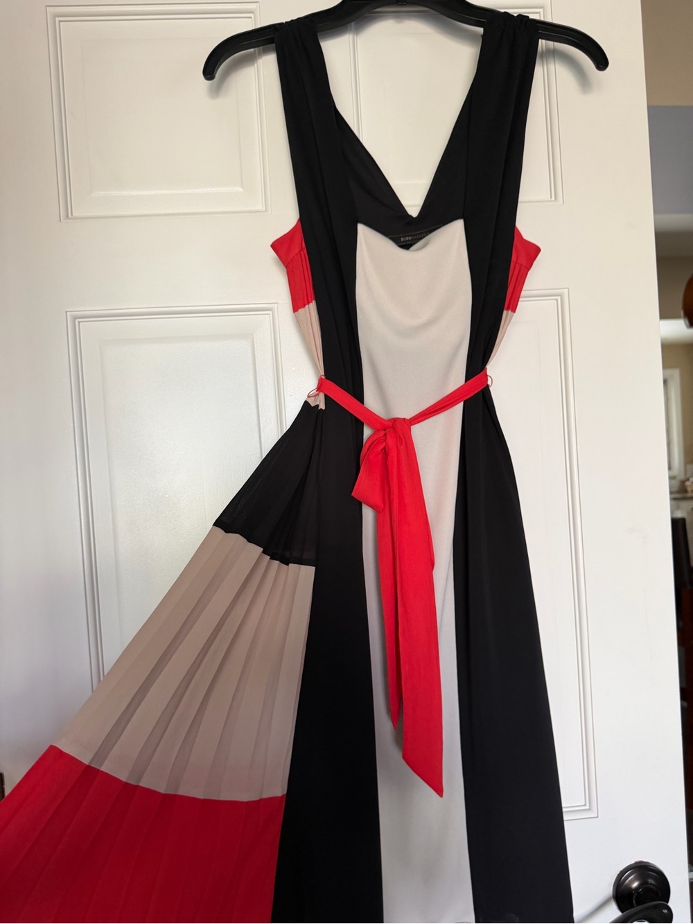 BCBGMaxAzria Black, Red, Cream Colorblock Pleated Midi Dress - Picture 3 of 3